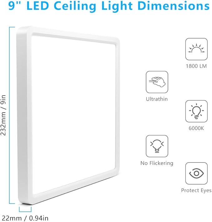 LightingWill 9Inch 18W Square LED Ceiling Light Fixtures, Flush Mount, Modern, White, 6000K Cold White, 1800LM, Kitchen, Bathroom, Bedroom