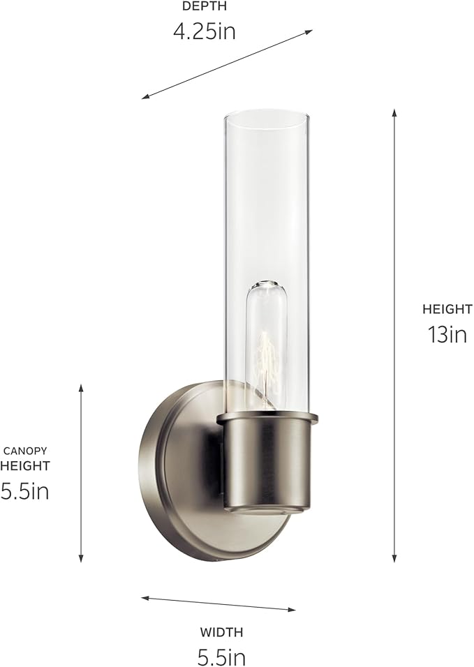 Kichler Aviv 1-Light Wall Sconce, Modern Light with Clear Glass in Brushed Nickel, for Bedroom, Laundry Room, Kitchen or Hallway (13" x 5.5"), 52653NI
