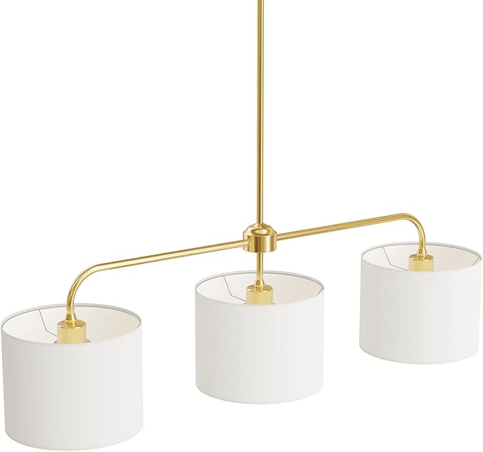 Electro bp 3-Light White Linen Drum Shade Chandelier with Polished Gold Metal Linear Pendant Light Fixture for Kitchen Island, Dining Table, E26, 180W