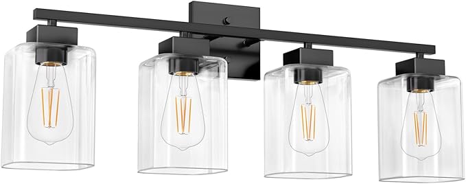 Espird 4 Light Bathroom Vanity Light - Matte Black Bathroom Light Fixtures Square Design & UL Certification, Square Light Fixture Over Mirror, Farmhouse Light Fixtures for Bathroom & Bedroom