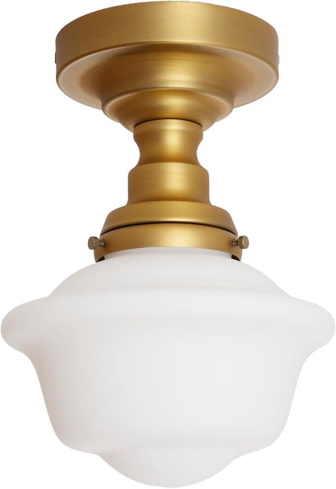 Modern Schoolhouse Semi Flush Mount Ceiling Light,Brass Gold Close to Ceiling Light Fixtures with Milky White Glass Hallway Ceiling Lamp for Laundry Kitchen Entryway Bathroom E26
