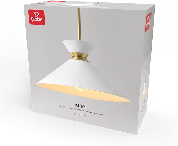 GLOBE Electric 1-Light Pendant Light, Matte Brass Finish, White Tapered Metal Shade with Ring Detail, Adjustable Rods, Dimmable, E26 Base, 67000197