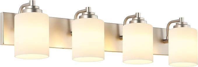 SOLFART Brushed Nickel Bathroom Vanity Light Vintage 4 Light Wall Light with Milky White Globes, 4 Lights Modern Over Mirror Lighting Fixture for Bathroom