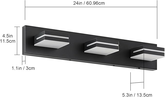 Bathroom Vanity Lighting Fixtures Over Mirror (3-Light, 24-Inch) Dimmable Modern LED Bathroom Wall Lighting Fixtures, Matte Black (3000K/3500K/4000K/5000K/6000K)