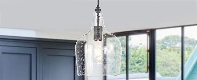 Seeded Glass Pendant Light Modern Black 1 Light Single Dome Pendent Lighting Fixtures for Kitchen Island Dining Room Hallway, Dia 9 Inch, E26, UL Listed