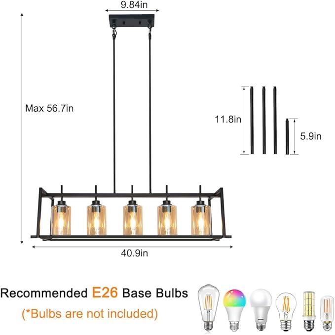 DSMJFU Matte Black Farmhouse Dining Room Lighting Fixture, 5-Light Linear Pendant Lighting, Rectangle Kitchen Light with Amber Glass Shades, Adjustable Height Rectangle Hanging for Kitchen Table