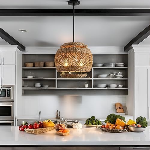 Rattan Pendant Light 13.78" Boho Wicker Seagrass Pendant Light Hand Woven Water Plants Rattan Chandelier for Dining Living Bedroom Kitchen Farmhouse