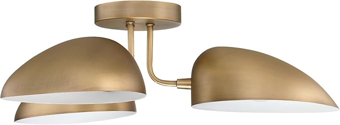 Nathan James Argo Semi Mount Flush Ceiling Light, 3-Lights Modern Retro Lighting with Black Rounded Shades for Hallway, Dining Room and Bedroom, Vintaged Brass