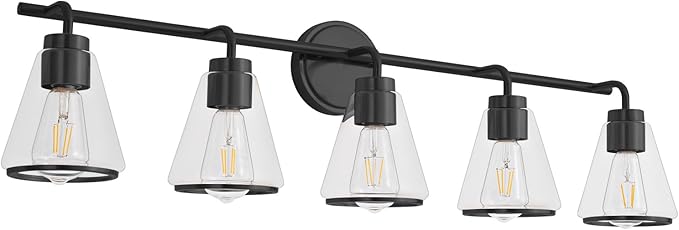 Bathroom Vanity Light 5 Light, Modern Vanity Lighting Fixture for Bathroom, 38.5" Vanity Lights with Clear Glass Shade, Black Bath-Room Wall Light Over Mirror, Wall Sconces for Bath