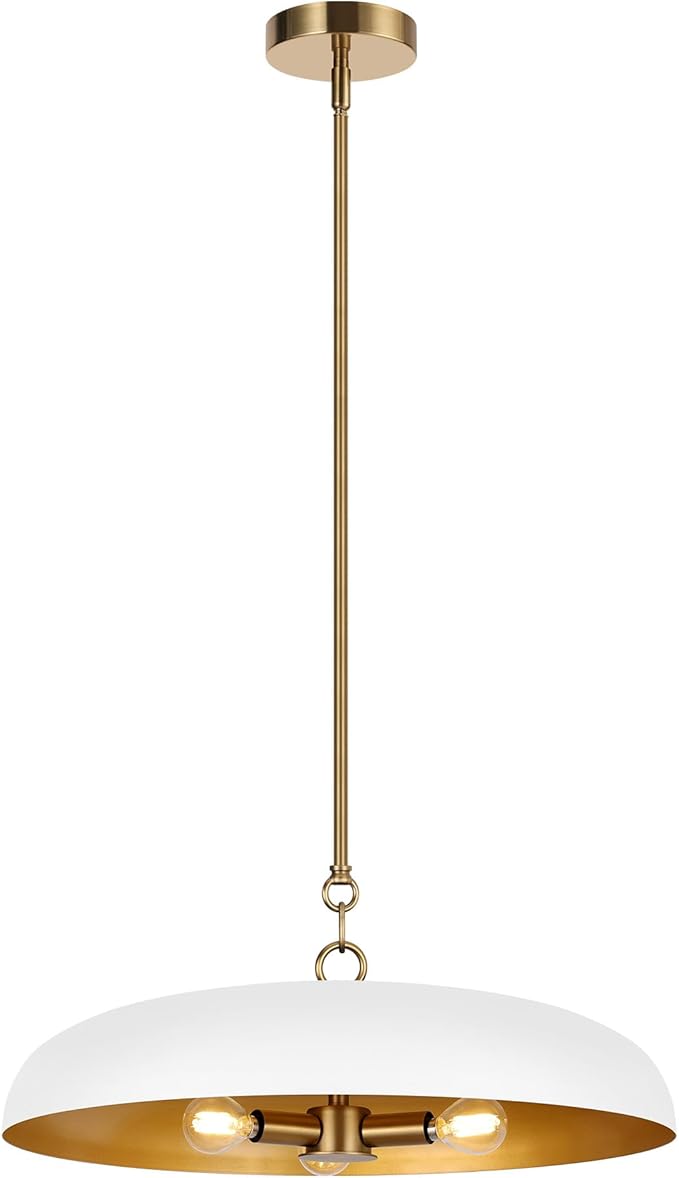 LamQee 20 Inch Oversized Large Pendant Lights, 3-Lights White and Gold Dome Chandelier, Mid Century Modern Metal Pendant Lighting Fixture Ceiling Hanging for Kitchen Island Dining Room Over Table Bar