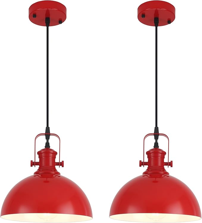 Red Pendant Lights 2 Pack, 9.8" Farmhouse Pendant Lights, Industrial Pendant Light, Modern Pendant Lighting for Kitchen Island Dining Room Bedroom