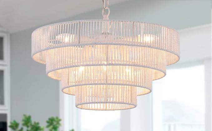 6-Lights 20" Hand-Woven Rattan Pendant Light Coastal 4 Round Transitional Minimalist Boho Large Pendant Light, for Kitchen Island Dining Room Living Room Hallway, White, UL Listed
