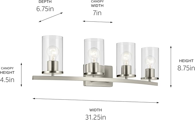 Kichler Crosby 31.25" 4-Light Bathroom Vanity Light Fixture with Clear Glass in Brushed Nickel, Modern Wall Mount Lighting for Bathroom Over Mirror (31.25" x 8.75"), 45498NICLR