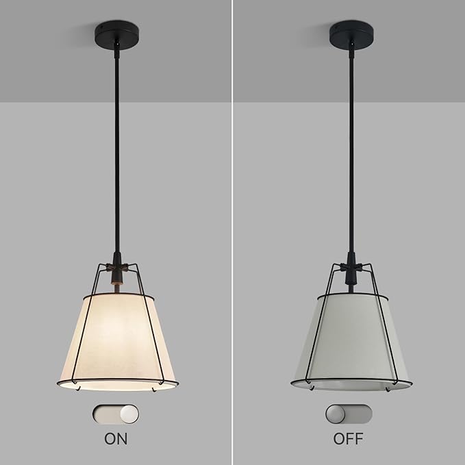 Modern Pendant Light Fixtures with 13" Off-White Linen Fabric Shade, Adjustable Hanging Light Fixture,Drum Black Vintage Chandelier for Kitchen Island Bedroom Dining Room Foyer Entryway