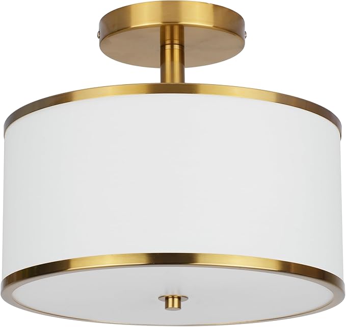 12.6" Semi Flush Mount Ceiling Light Fixtures,3-Light Drum Light,Antique Brass with White Fabric Shade,Light Fixtures Ceiling Mount for Bedroom,Dinning Room,Living Room,Nursery, Kitchen