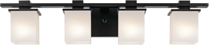 Kichler Tully 32" 4-Light Bathroom Vanity Light Fixture with Satin Etched Cased Opal Glass in Black for Over Mirror, Modern Wall Mount Lighting (32" x 6.5" x 7"), 45152BK