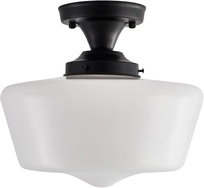 youngrender Black Schoolhouse Light Fixture, 12" Milk Glass Flush Mount Ceiling Light, Black Semi Flush Mount Ceiling Light for Farmhouse Kitchen Hallway Entryway