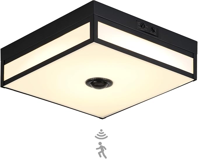 Motion Sensor Outdoor Light, Flush Mount Ceiling Fixture with 24W LED, Dusk to Dawn, Adjustable 3CCT, Black Exterior with Acrylic Diffuser, for Porch, Garage, Entryway, Patio Lighting