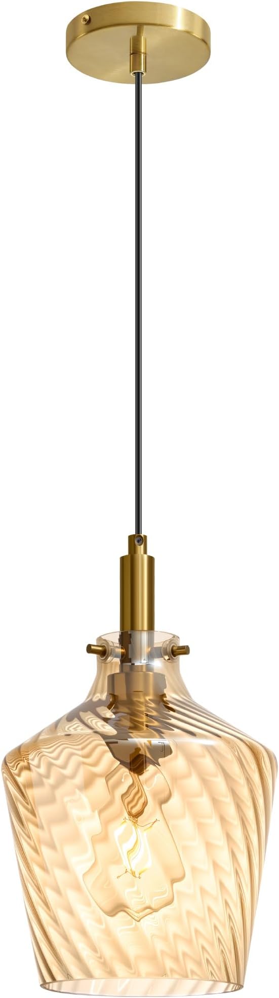 Modern Amber Glass Pendant Light for Kitchen Island 1 Pack, Farmhouse Gold Pendant Light Fixtures Adjustable Hanging Ceiling Light Angled Striped Amber Glass Shades 8 Inch