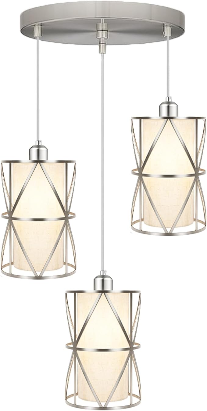 Brushed Nickel 3 Light Chandelier, Adjustable Height Pendant Lights Kitchen Island, Modern Pendant Lights with Linen Shade, Kitchen Light fixtures for Kitchen, Dining Room, Living Room