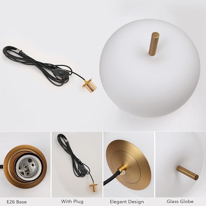 16ft Mid Century Pendant Light Fixture, White Frosted Glass Globe Hanging Light with Dimmable Switch and Plug for Kitchen Island, Dining Room, Bedroom Room, Living Room
