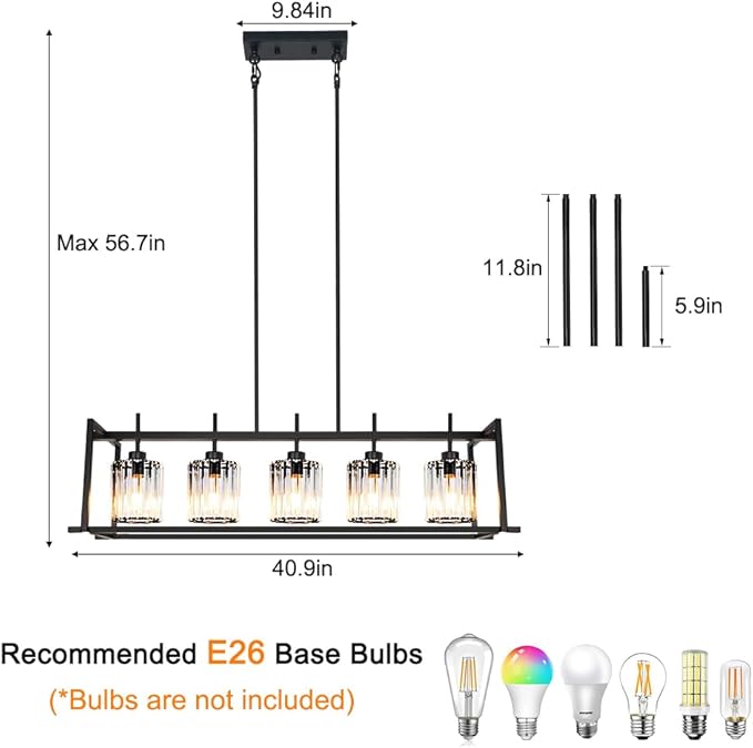 DSMJFU Black Farmhouse Rectangular Chandelier for Dining Room, 5-Light Linear Pendant Lighting, Rectangular Kitchen Island Light with Crystal Shades, Adjustable Height Rectangle Hanging Lighting
