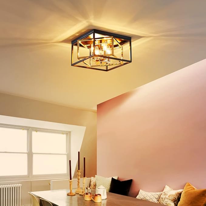 AGV LIGHTING CL035G Modern Flush Mount Ceiling Light Fixture, Close to Ceiling Light, E12 Base 3-Lights, L12 x W12 x H7, Matte Black & Shine Gold Finish