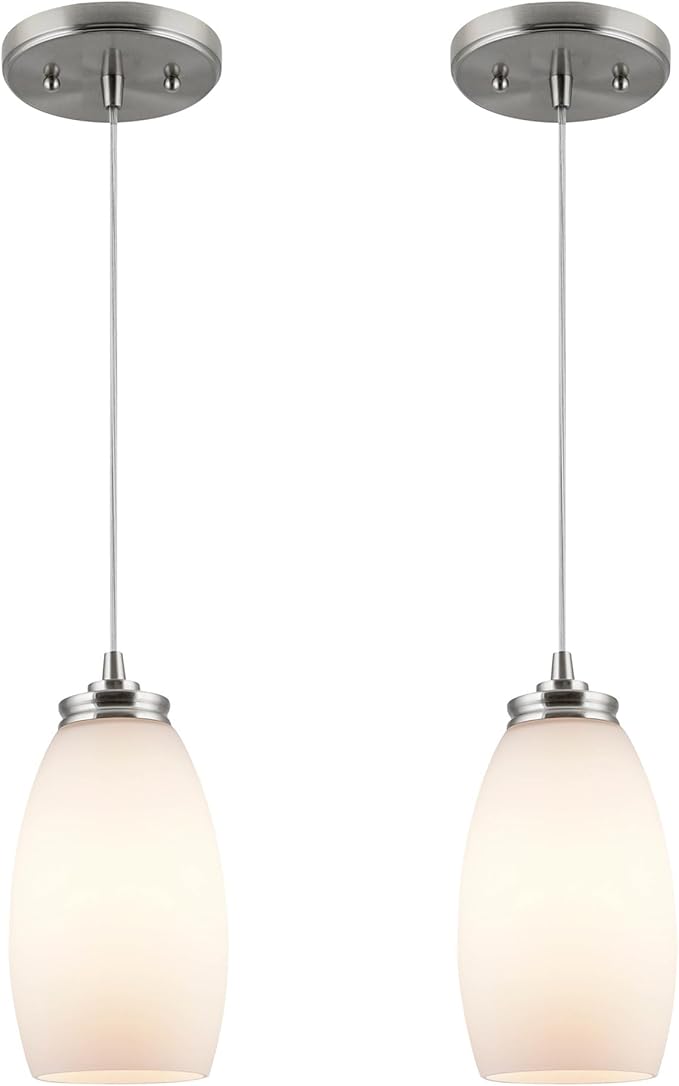 Kira Home Coast 9" Set of 2 Modern Mini Pendant Light with Frosted Glass Shades, Brushed Nickel Hanging Light with Satin White Oval Glass, Brushed Nickel Finish