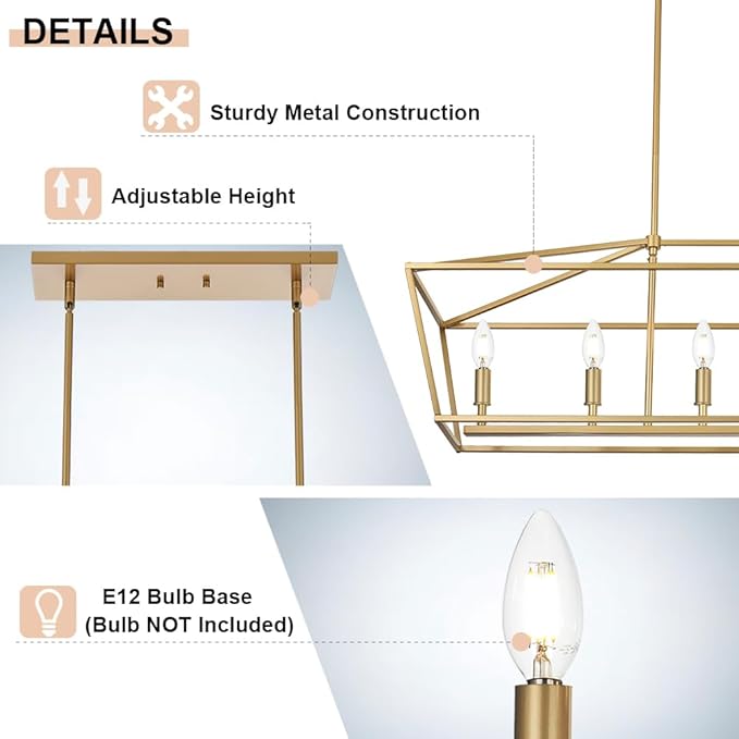 6-Light Kitchen Island Lighting, Gold Linear Chandelier Dining Room Over Table, Rectangle Pendant Light Fixtures Golden Finish for Living Room