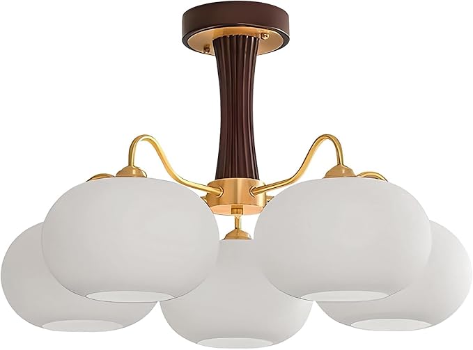 Vintage Flush Mount Ceiling Light 28" Large Semi Flush Mount Ceiling Light with 5-Light,Gold & Wood Design,Glass Lampshade,Ideal for Kitchen Bedroom Farmhouse