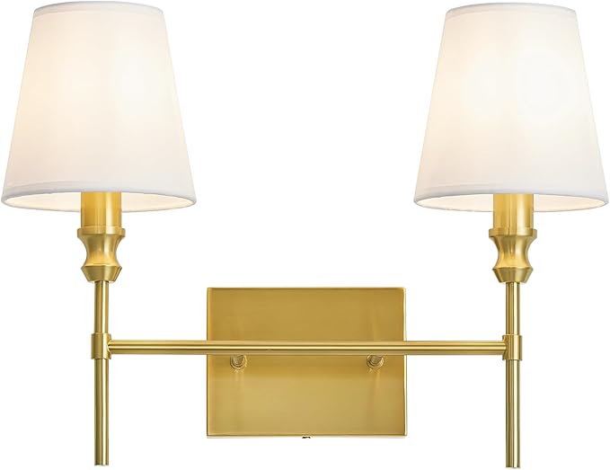 Bathroom Light Fixtures Over Mirror,Brush Brass Vintage Wall Sconces, 2-Light Bathroom Vanity Light With Flared White Fabric Lampshade For Bedroom,Living Room,Hallway,Foyer,Hardwired, E12 Base