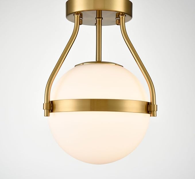 HOLKIRT Modern Light Fixture,Mid Century Semi Flush Mount Ceiling Light,Kitchen Light Fixtures Hallway Light Fixtures Ceiling,Brass Globe Ceiling Light Bedroom with Opal Glass 7Inch/18CM