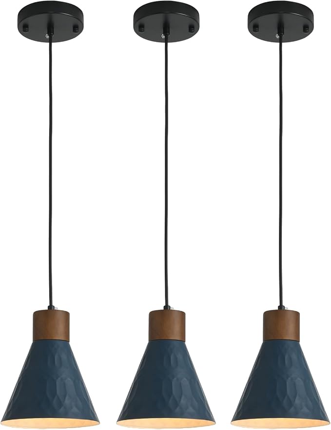 Farmhouse Pendant Lights for Kitchen Island, Modern Blue and Wood Dome Pendant Light Fixtures, Industrial Hanging Pendant Lighting for Dining Room Foyer Cafe Kitchen Sink, 3 Pack