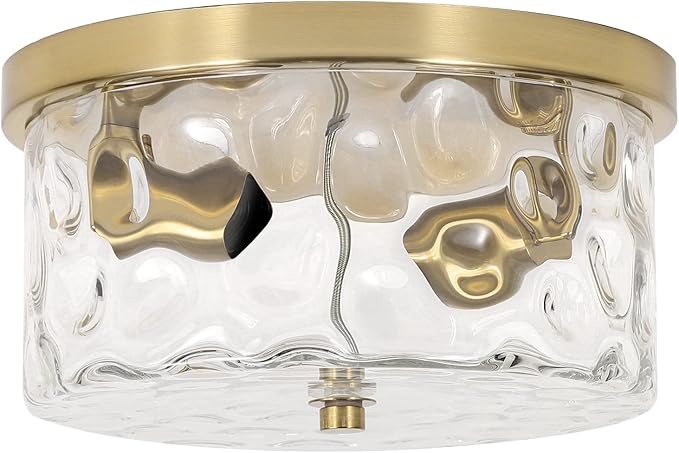 LamQee 11.8" Flush Mount Ceiling Light with Clear Hammered Glass, Brushed Gold Hallway Light Fixtures Ceiling Mount for Bathroom, 2-Lights Farmhouse Close to Ceiling Light Kitchen Foyer Bedroom