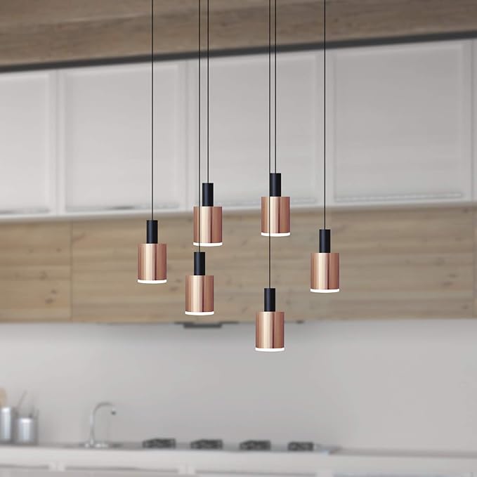 Virgo 6 Mini Pendant Lighting Black-Copper - LED Hanging Light Fixture for Kitchen Island, Bar, Foyer - Cluster Pendants - Dimmable, Adjustable Wire, Lamp Bulb Included