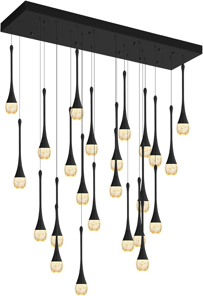 ykolupty 24-Lights Rectangular Chandelier Crystal Raindrop Chandeliers Flush Mount Ceiling Light for Dining Room Living Room High Ceiling Chandelier for Staircase Foyer Entryway Black Chandeliers