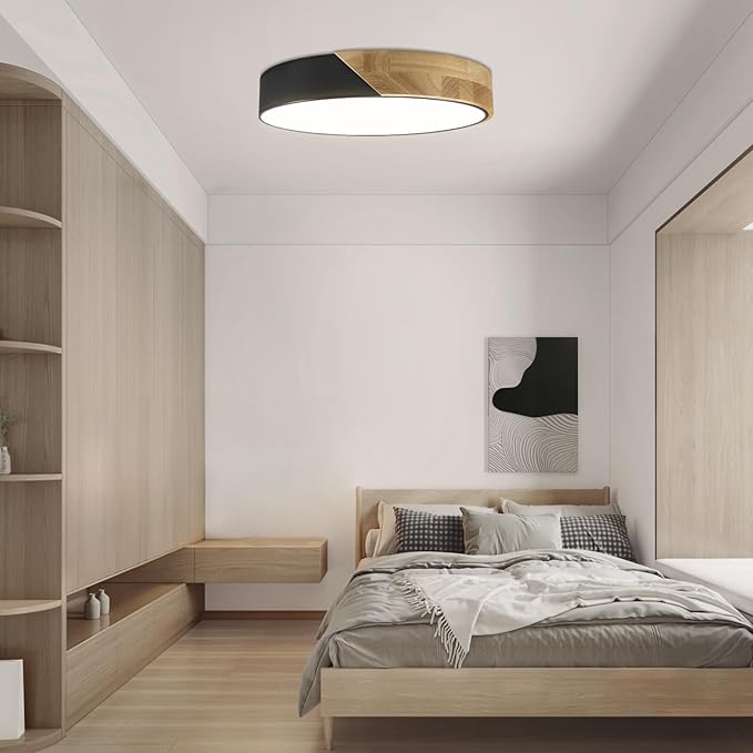 Ketom Modern Flush Mount Ceiling Light Fixture 12 Inch LED Ceiling Light, 24W Minimalist Round Shaped Wood Ceiling Lamp Natural White 4500K, Not Dimmable