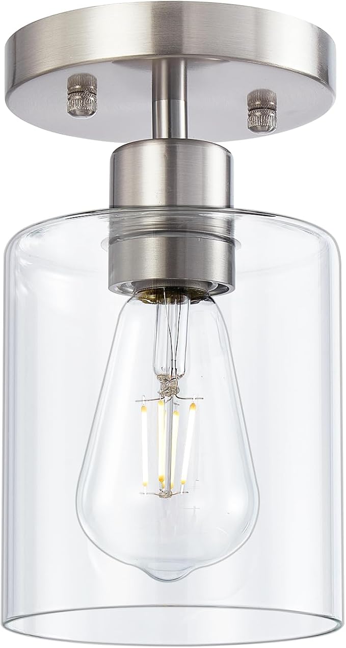 1-Light Semi Flush Mount Ceiling Lights, Brushed Nickel Kitchen Lighting Fixtures Ceiling, Modern Ceiling Light Fixtures with Clear Glass Shade for Hallway Foyer Entryway(3 Pack)