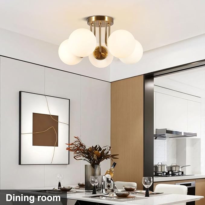 Bektas 5-Lights Semi Flush Mount Ceiling Light Fixture Brushed Gold Light Fixture Bend Modeling with Milk Glass Globe for Bedroom,Living Room,Dinning Room Foyer Hallway