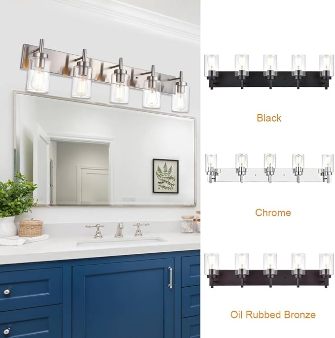 VINLUZ 5 Lights Bathroom Vanity Light Fixture Brushed Nickel Sconces Wall Lighting Modern Industrial Indoor Wall Mounted Lamp for Kitchen Living Room Dining Room (Patent No.: US D958,438 S)