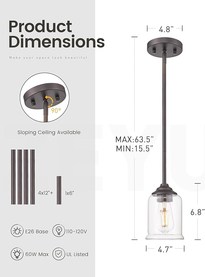 zeyu Farmhouse Pendant Light, 1-Light Pendant Light Fixtures for Kitchen Bedroom, Clear Glass Shade, Oil Rubbed Bronze Finish, ZSL104MIL ORB