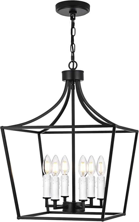 6-Light Large Classic Lantern Chandelier in Black, Height Adjustable Hanging Pendant Light Fixture for Kitchen Island Dining Room Foyer, E12 Bulb Base
