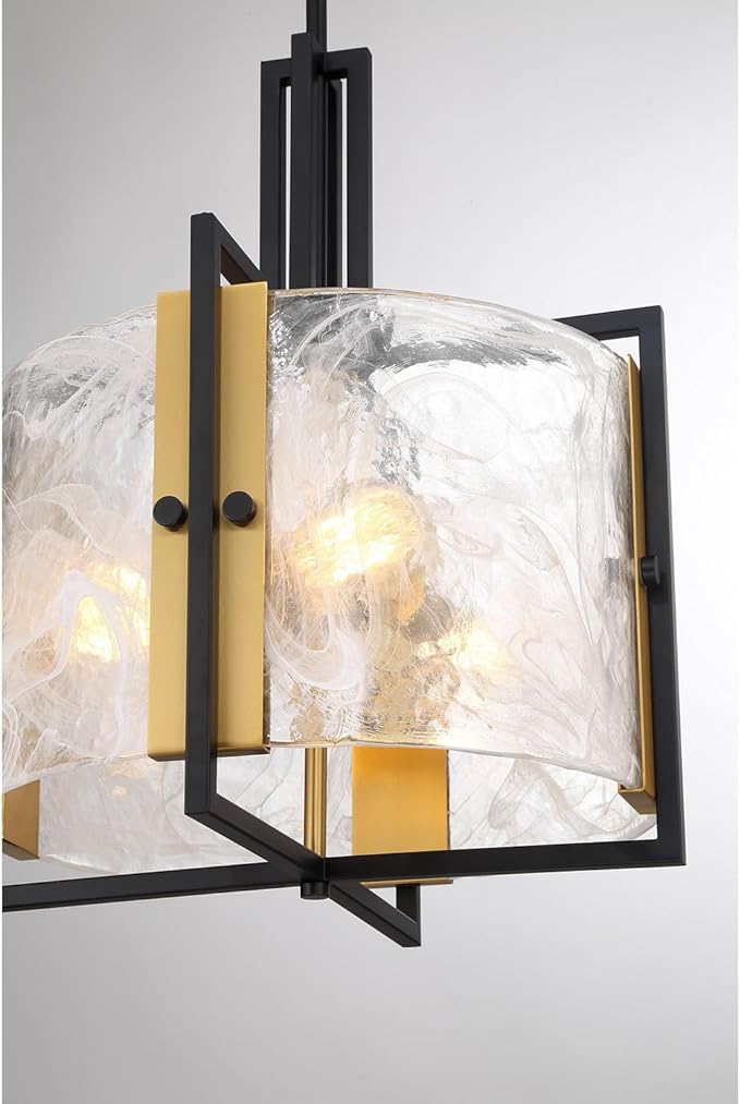 Savoy House 7-1699-3-143 Hayward Modern Strie Piastra Glass Drum Pendant, 3-Light 180 Total Watts, 20" H x 16" W, Matte Black & Warm Brass