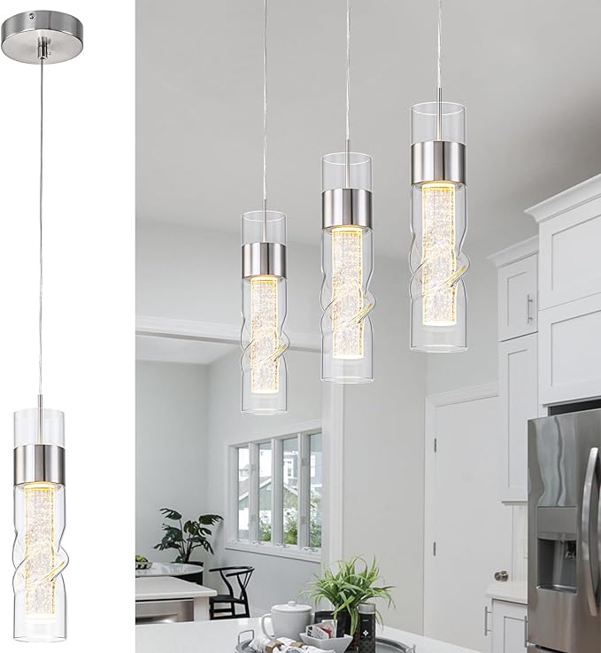 WILON Pendant Lights Kitchen Island, 24W Modern Kitchen Island Lights Brushed Nickel, Ceiling Lighting Fixtures with Crystal Bubble, Integrated LED Hanging Light for Dining Room Restaurant(3 Pack)