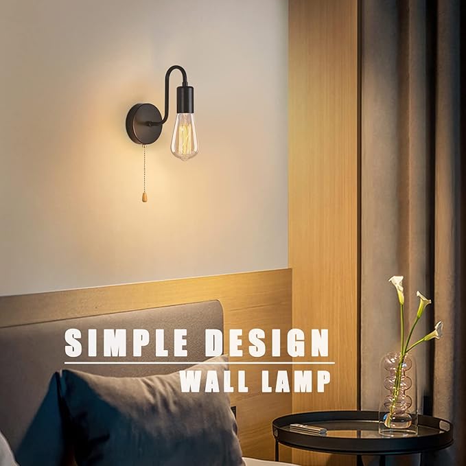 Vintage Pull Chain Wall Light Fixtures Set of 2 Hardwired Wall Sconces with ON Off Switch Retro Black Metal E26 Indoor Wall Lamps Small for Bedrooms Living Room Kitchen