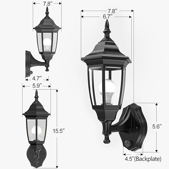 EMART Dusk to Dawn Plastic Outdoor Wall Light Fixtures with Bulbs, Waterproof and Anti-Corrosion Porch Sconces, Exterior Lanterns Wall Mount Lamp for Outside, Garage, Front Door, Patio, 2 Pack, Black