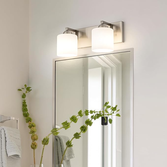 mirrea 16in 2-Light Brushed Nickel Vanity Lights for Bathroom, Vanity Lighting Fixtures with Etched White Glass Shades