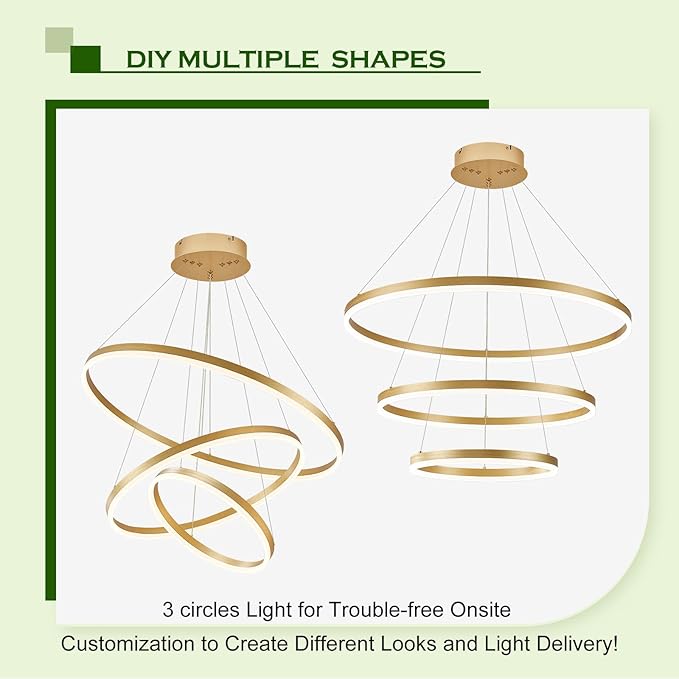 Benkut D31.5 Modern LED Chandelier Gold Dimmable 3 Ring Pendant Light for Dining Room, Kitchen Chandelier Circular with Remote Control Flush Mount High Ceiling Light for Living Room, 3000K-6500K