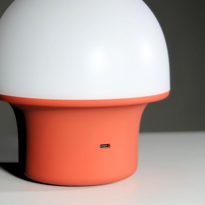 Brightech Portobello Cordless LED Touch Table Lamp - Small Dimmable Outdoor Mushroom Light for Camping & Side Tables - Modern Rechargeable Portable Bedside Light for Desk Bedroom, Nightstand - Red