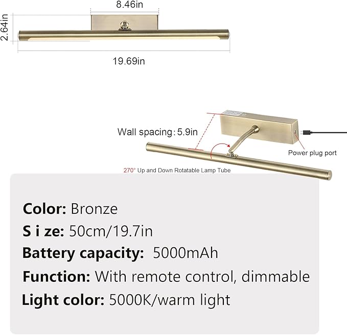 Picture Light for Wall Battery Operated, 20" Rechargeable Art Light with Remote and Timer for Painting, 9000mAh Wireless Wall Light for Display, Artwork, Portrait, Gallery, Gold